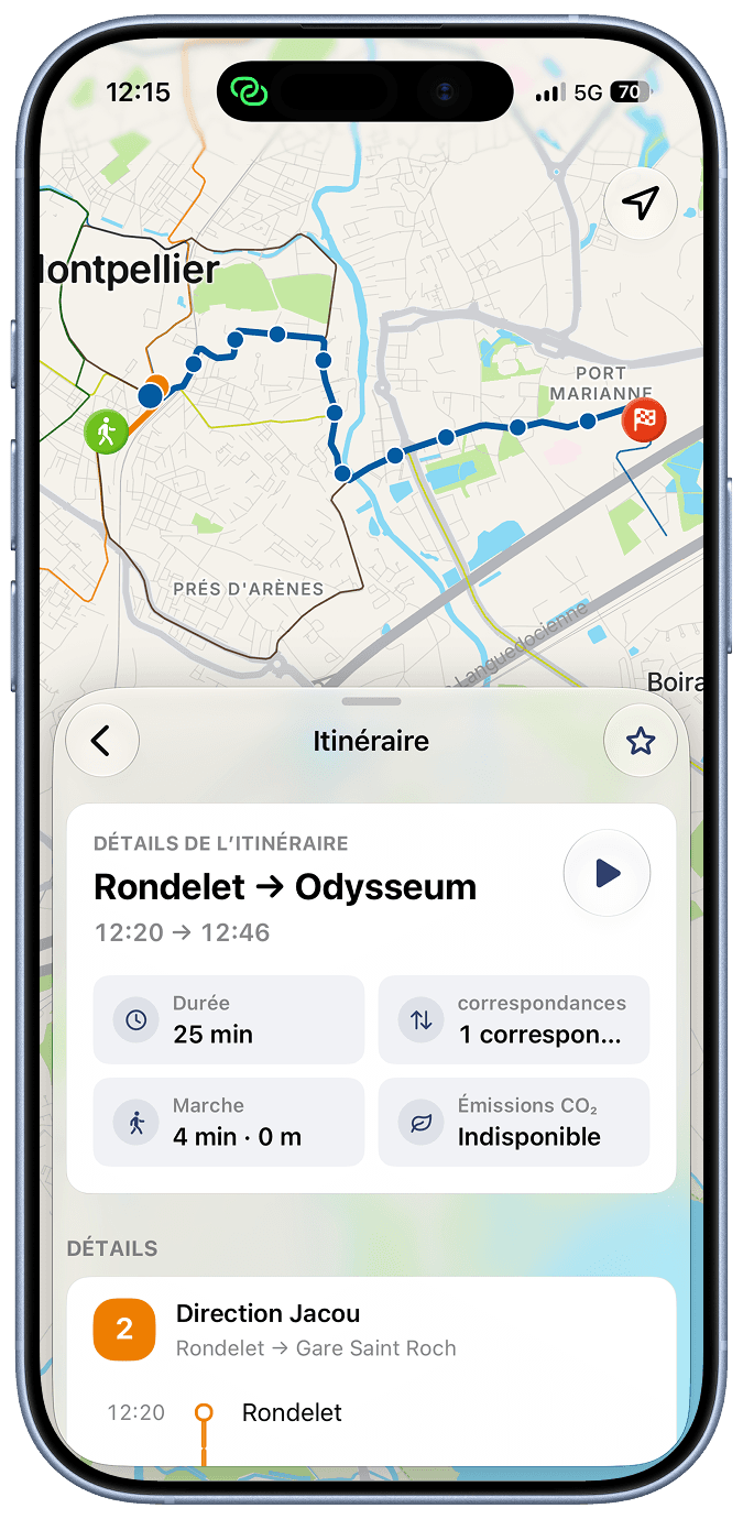 Détail d’un itinéraire entre Rondelet et Odysseum