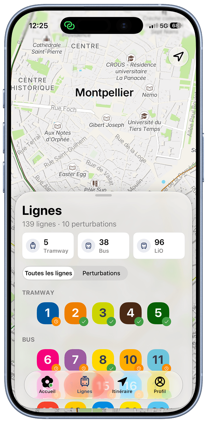 Liste des lignes de tram, de bus et liO dans l’application